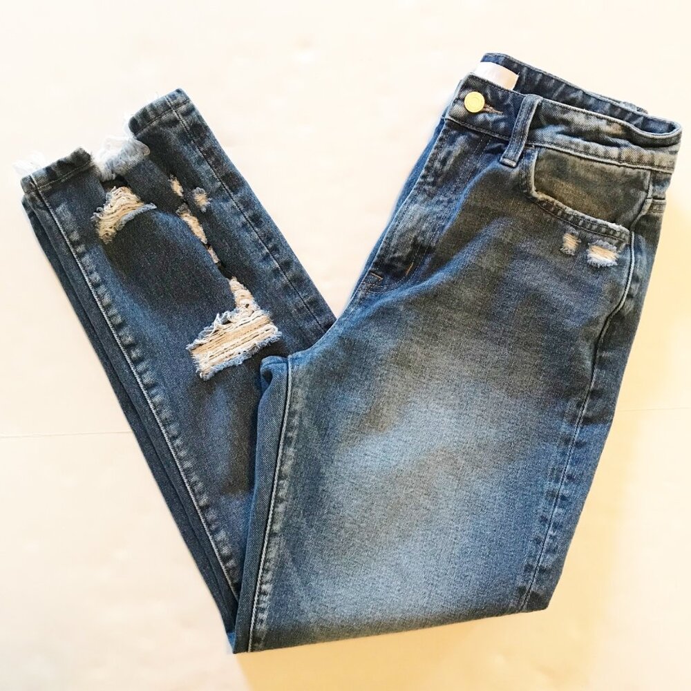 VERVET BY FLYING MONKEY Women's Straight Leg Ripped Dark Blue Jeans